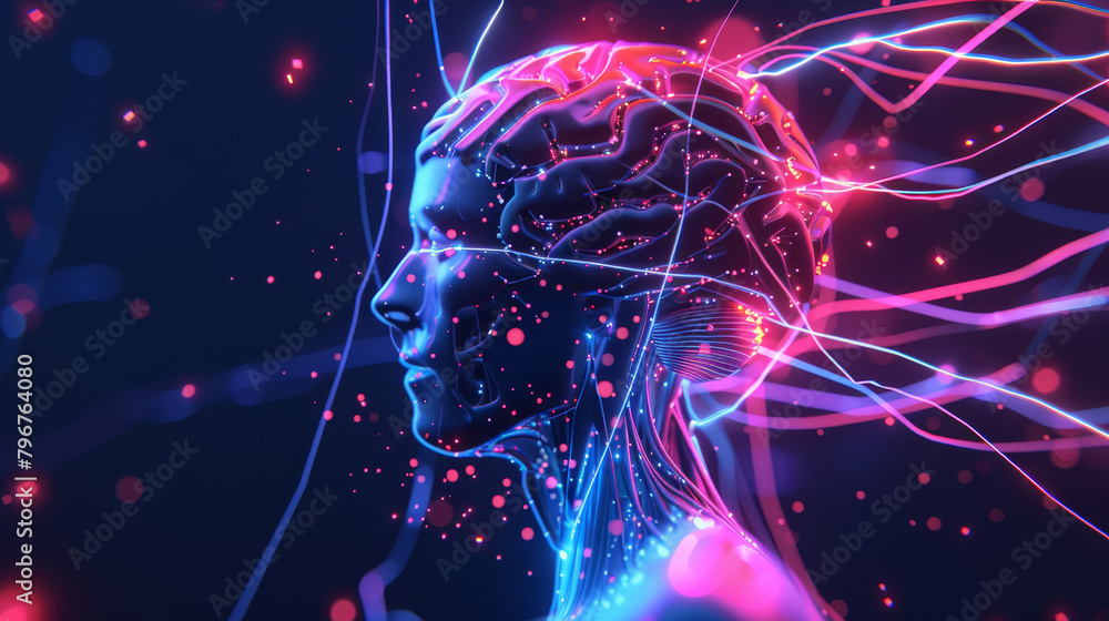 A woman's head is shown with a lot of red and blue lines. The image is ...