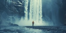B'Man Standing In Front Of Waterfall'