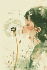 Wall Mural - girl blowing dandelion illustration