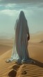 b'A figure in a white robe stands in the middle of a desert'