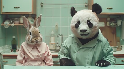 Wall Mural - Panda Doctor Consults with Rabbit Patient in Whimsical Medical Examination Generative ai