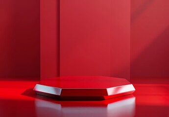 Poster - Create hyper-realistic luxury product display on Sony A6100 with red theme, octagon podium, clean background, front view, no products shown.