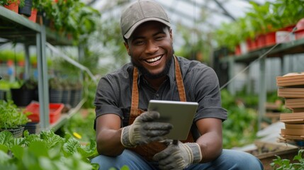 Canvas Print - A Smiling Gardener with Tablet