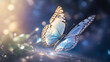 Close-up shot of blue butterfly flying with spread wings, daytime, bokeh light.