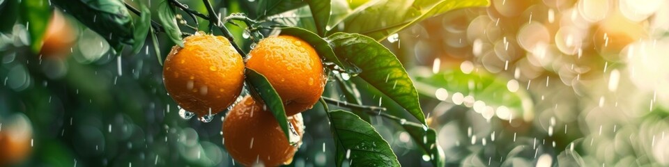 Close up vibrant oranges growing on tree branches in orchard