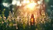 Small brown bottle of essential oil among the flowers and grass in the meadow at sunrise