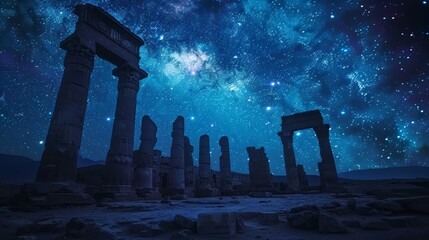 The ancient ruins of Persepolis at night with a starry sky background.