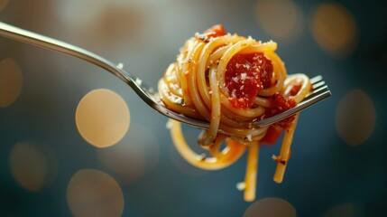 Appetizing spaghetti rolled on fork with typical Italian sauce