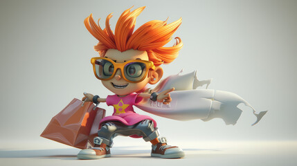 Wall Mural - cool girl with orange hair and sunglasses, dancing in a big pink t-shirt and sneakers