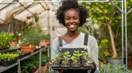 Canvas Print - A Joyful Gardener with Seedlings