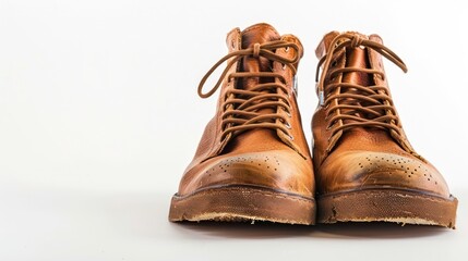 Classic men's brown leather shoes on white background.