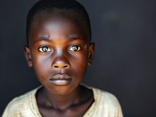 Wall Mural - Child Face. Expressionless African American Boy in Casual Attire