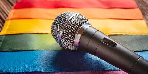 Megaphone and microphone colored with rainbow. LGBTQ concept, gender concept. Give voice to social issues. Freedom to be yourself. Don't be judged. Gender equality. love moments happiness concept.