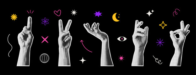 Collage elements for messages using hands. Set of hands. Isolated dark background.. Vintage illustration with dotted pop art