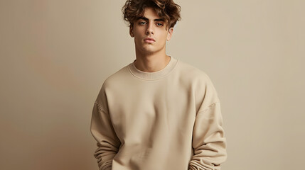 Male young model in beige blank sweatshirt, sweater on beige background. 