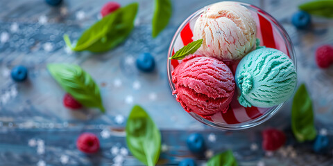 Poster - Delicious, fresh and sweet ice cream in red, blue and white colors with berries on the background of the national American flag. The concept of celebrating Independence Day on July 4th