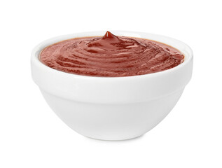 Tasty barbecue sauce in bowl isolated on white