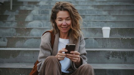 Wall Mural - Woman Texting on Urban Stairs