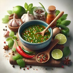 Wall Mural - realistic chimicurri sauce in a bowl with a spoon isolated on a white background