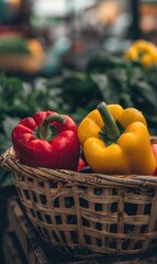 Poster - Two peppers, one red and one yellow, sit in a basket