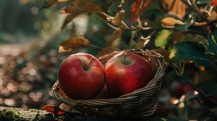 Poster - Two apples are sitting in a basket on a log