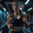 A woman treadmill training running equipment fit machine active workout body man activity athlete cardio run club,