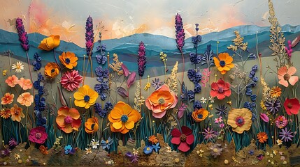 Wall Mural - create a collage of a wildflower meadow using watercolor techniques for the background and foregroun