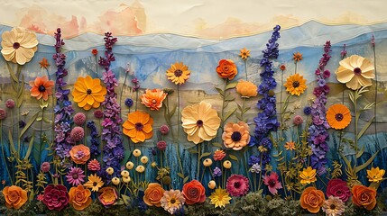 Wall Mural - create a collage of a wildflower meadow using watercolor techniques for the background and foregroun