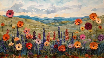 Wall Mural - create a collage of a wildflower meadow using watercolor techniques for the background and foregroun