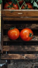 Wall Mural - Two tomatoes are sitting on a wooden crate