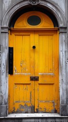 Wall Mural - A yellow door with a black handle and an arched window, AI