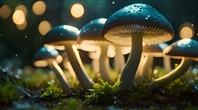 Beautiful Closeup Of Forest Mushrooms In Grass, Autumn Season. Little Fresh Mushrooms, Growing In Autumn Forest. Mushrooms And Leafs In Forest. Mushroom Picking Concept. Magical