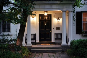 Wall Mural - House Door. Welcoming Entrance of White Home with Black Front Door and Illuminated Porch