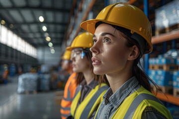 Poster - Three women wearing safety gear and hard hats stand in a warehouse. They are looking at something in the distance