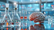 3D brain with ethical implications. Operating in a university laboratory and emblem of educational ad. banner for website