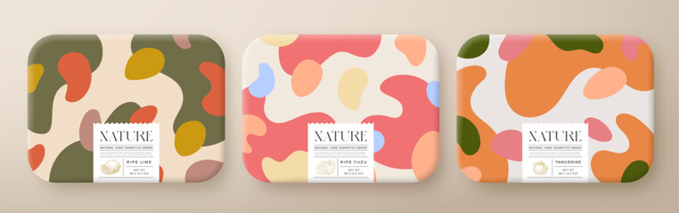 Fruit Bath Cosmetics Package Boxes Set. Vector Wrapped Paper Containers with Care Label Design Modern Typography and Hand Drawn Lime, Yuzu, Tangerine. Abstract Camo Background Pattern Layout. Isolated