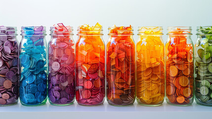 Wall Mural - A row of jars filled with colorful coins. The jars are arranged in a rainbow pattern, with each jar containing a different color of coins. The jars are lined up on a shelf