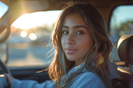 girl with attractive eyes in car 