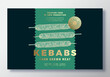 Farm Grown Kebab Food Vector Packaging Label Design Template. Modern Typography Banner, Hand Drawn Ham Meat Sketch Silhouette. Color Paper Background Layout with Gold Foil Isolated