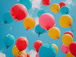 A bunch of colorful balloons are floating in the sky. The balloons are in various colors, including red, yellow, and blue. Concept of joy and celebration