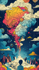 Wall Mural - A colorful painting of a man looking up at a cloud of smoke. The painting is full of bright colors and has a dreamy, surreal feel to it. The smoke seems to be coming from a volcano