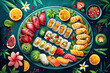 © Kowit - A plate of sushi and other food with a blue background. The plate is full of food and has a variety of different types of sushi