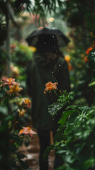 Wall Mural - A woman is walking through a garden with a green jacket and an umbrella. The flowers are wet from the rain