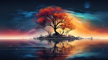 A Portrait Abstract Fractal Art Of A Tree Overhanging A Lake Beautiful Vibrant Colors Reflections, AI Generative
