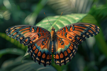 Sticker - A butterfly with orange and blue wings is perched on a leaf. The butterfly is surrounded by green leaves and stems, creating a peaceful and serene atmosphere