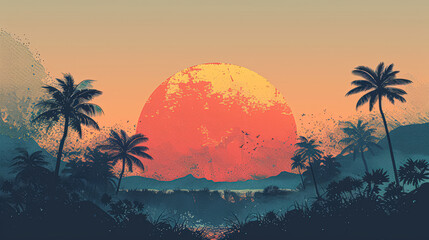 Sticker - A sunset over a tropical beach with palm trees in the background. The sky is a mix of orange and blue hues, creating a serene and peaceful atmosphere