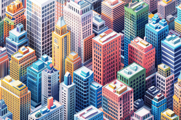 Wall Mural - A cityscape with many buildings in different colors. The buildings are tall and have many windows. The sky is blue and the sun is shining. The city looks busy and lively