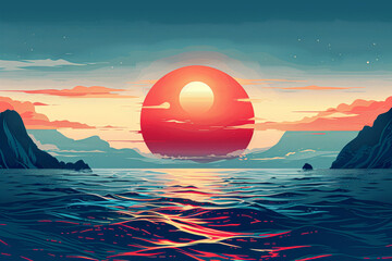 Wall Mural - A beautiful sunset with a large red sun in the sky. The sky is filled with clouds and the water is calm