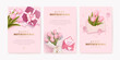 Mother's day greeting background set with 3d tulips, gift box, envelope and golden text. Vector illustration for poster, card, promotional materials, website