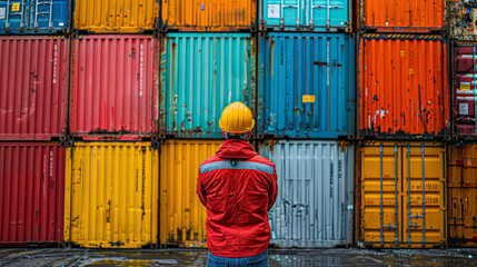 A man in a red jacket stands in front of a row of colorful shipping containers. Concept of anticipation and excitement, as the man looks at the containers